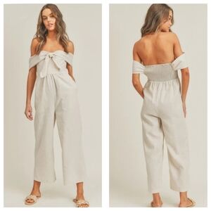 NWOT Lush Lane Off The Shoulder Jumpsuit Smocked Cream Cotton Linen Size Small.